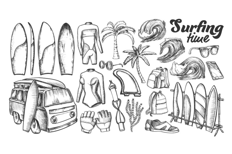 surfing-time-collection-elements-ink-set-vector