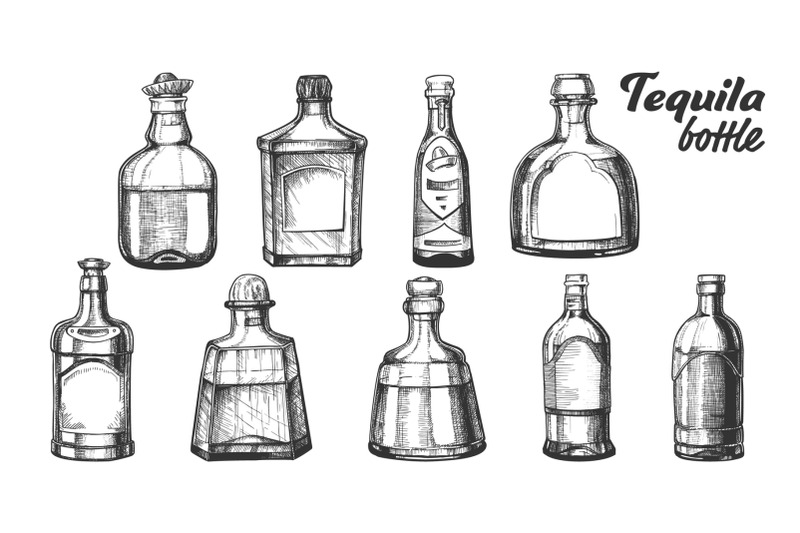 stylish-collection-tequila-glass-bottle-set-vector