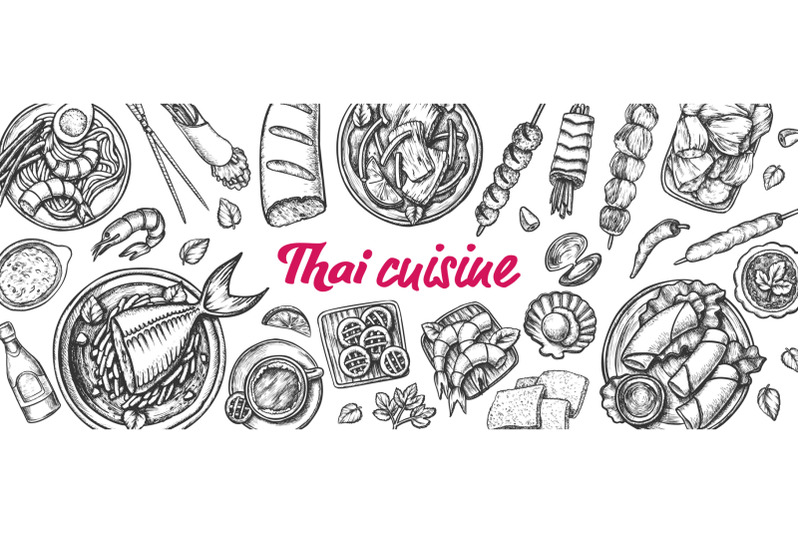 traditional-thailand-cuisine-monochrome-set-vector