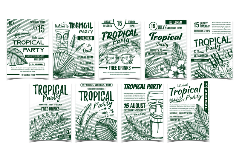 tropical-leaves-and-seaweeds-poster-set-vector
