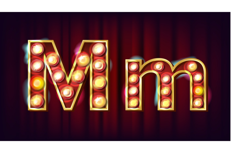 m-letter-vector-capital-lowercase-font-marquee-light-sign-retro-shine-lamp-bulb-alphabet-3d-electric-glowing-digit-vintage-gold-illuminated-light-carnival-circus-casino-style-illustration