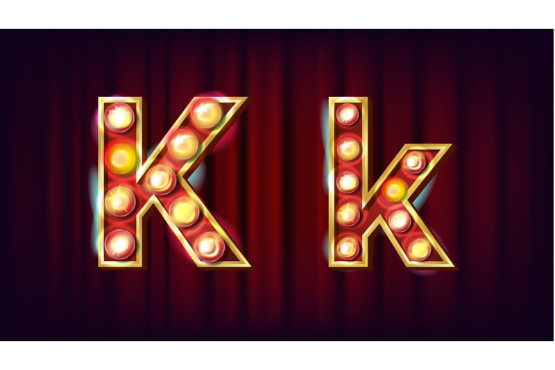 k-letter-vector-capital-lowercase-font-marquee-light-sign-retro-shine-lamp-bulb-alphabet-3d-electric-glowing-digit-vintage-gold-illuminated-light-carnival-circus-casino-style-illustration