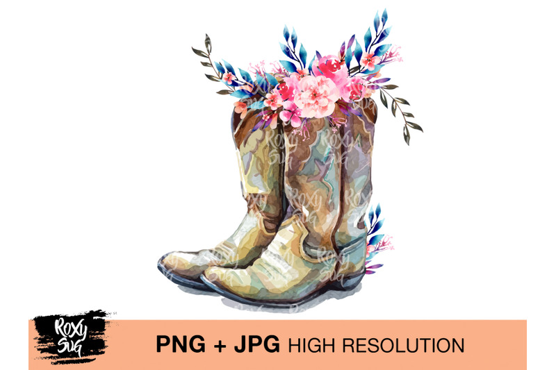 country-cowgirl-boots-boho-flower-feather-clipart-sublimation-design
