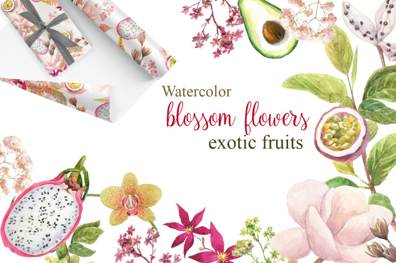 watercolor-flowers-exotic-fruits