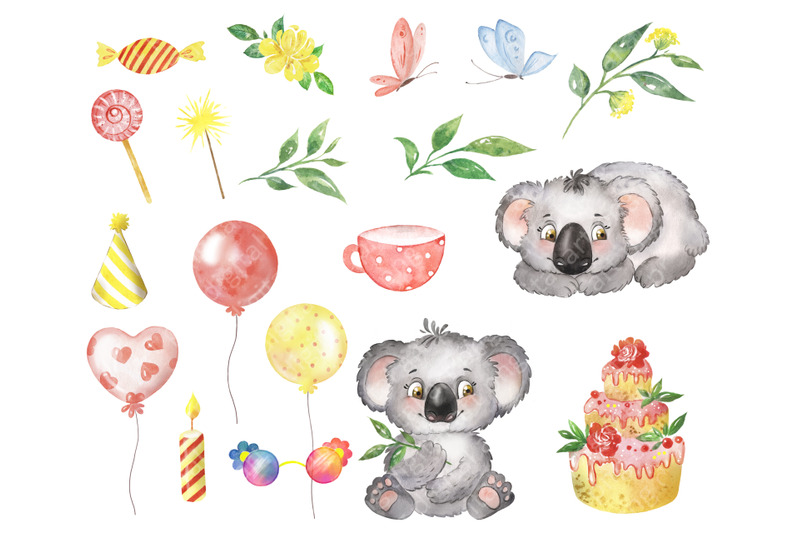 koala-watercolor-clipart-with-koalas-birthday-clipart-cake-balloon