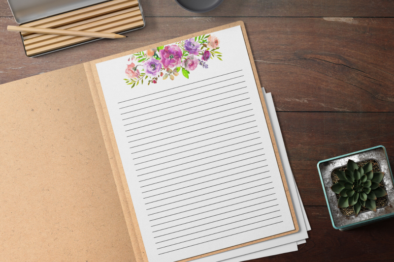 watercolor-floral-printable-stationery-lined-digital-note-paper