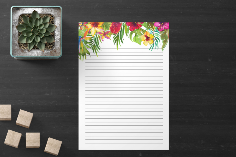 tropical-floral-printable-stationery-lined-digital-note-paper