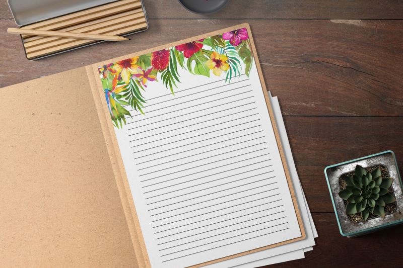 tropical-floral-printable-stationery-lined-digital-note-paper