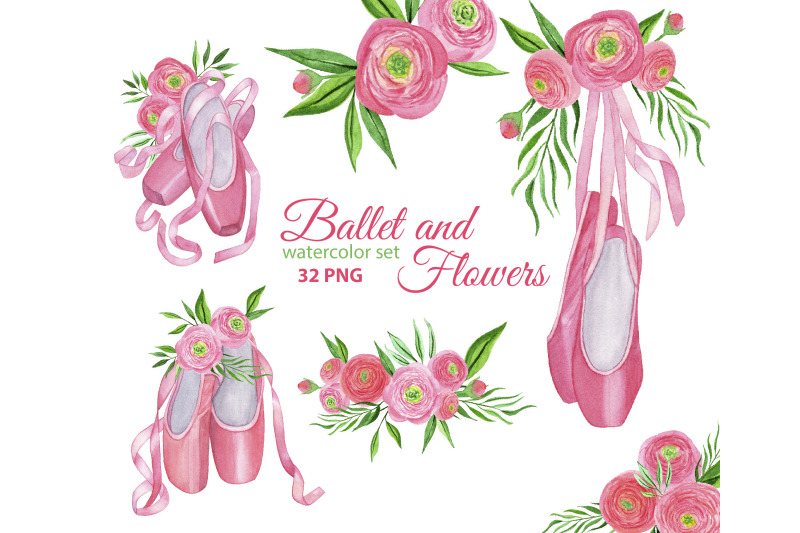 ballet-shoes-and-watercolor-ranunculus-flowers-png-clipart