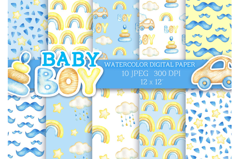 watercolor-digital-paper-baby-boy-patterns-car-toy-rainbow-cloud-scrap