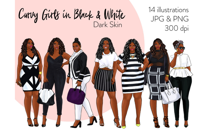 watercolor-fashion-clipart-curvy-girls-in-black-amp-white-dark-skin