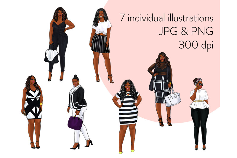 watercolor-fashion-clipart-curvy-girls-in-black-amp-white-dark-skin