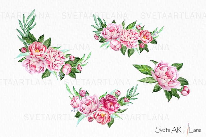 gold-geometric-frames-watercolor-peony-flowers-clipart