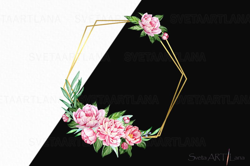 gold-geometric-frames-watercolor-peony-flowers-clipart