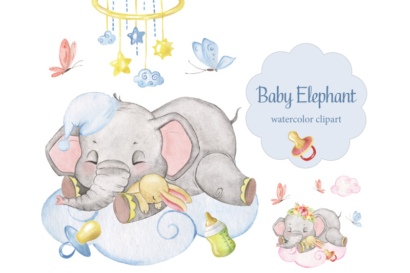 watercolor-baby-elephant-clipart-elephant-sleeping-on-a-cloud