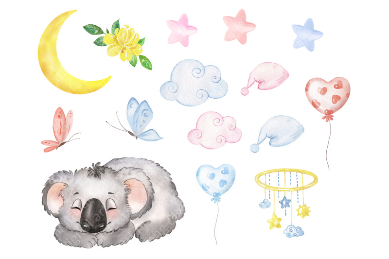 watercolor-koala-clipart-baby-shower-decor-koala-sleeping-on-a-cloud