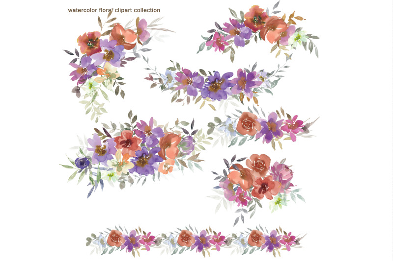 purple-amp-orange-watercolor-floral-clipart-set