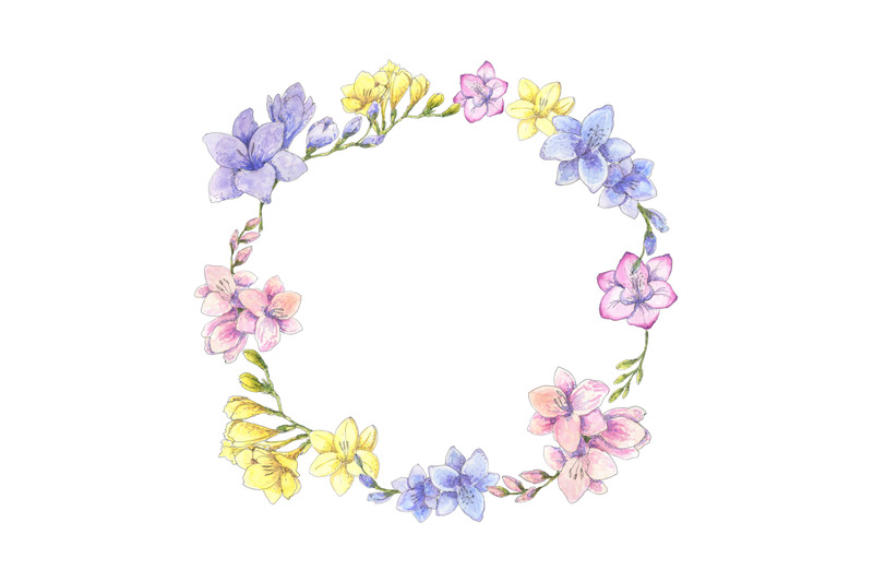 freesia-blossom-wreath-circle-frame-hand-drawn-with-watercolor