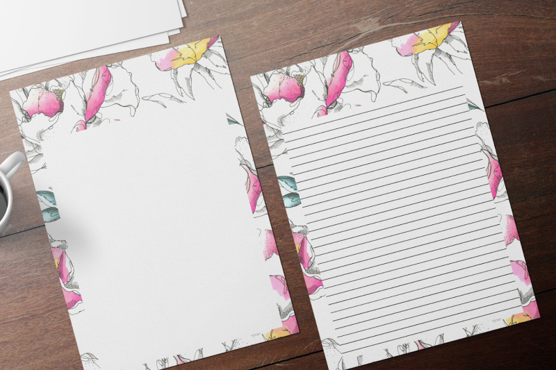 colorful-watercolor-floral-stationery-lined-digital-note-paper