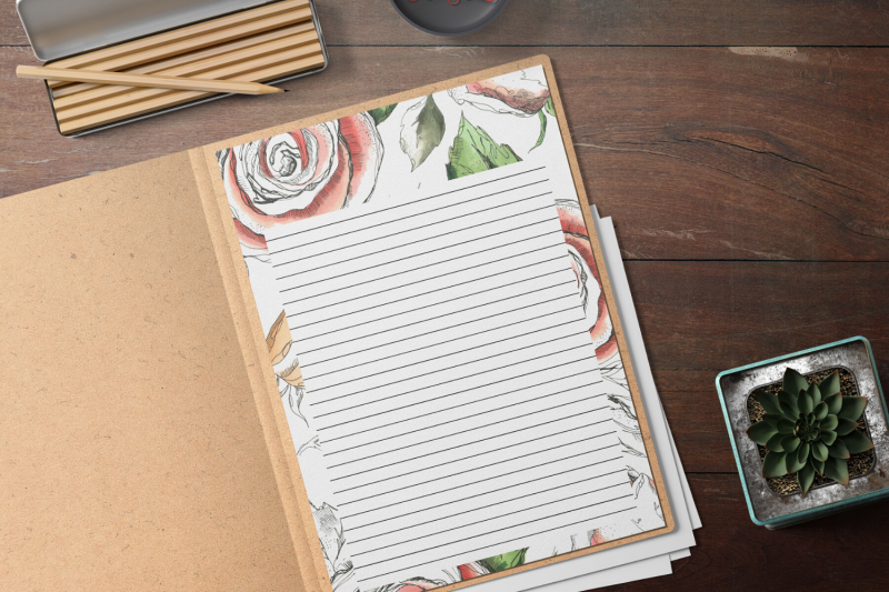 rose-watercolor-floral-stationery-lined-digital-note-paper