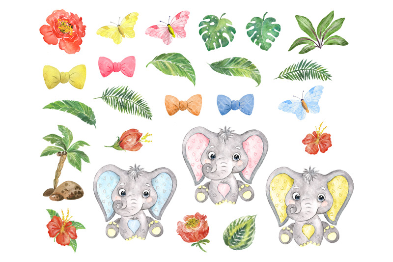 watercolor-clipart-elephant-cute-baby-elephant-with-plants-and-flower