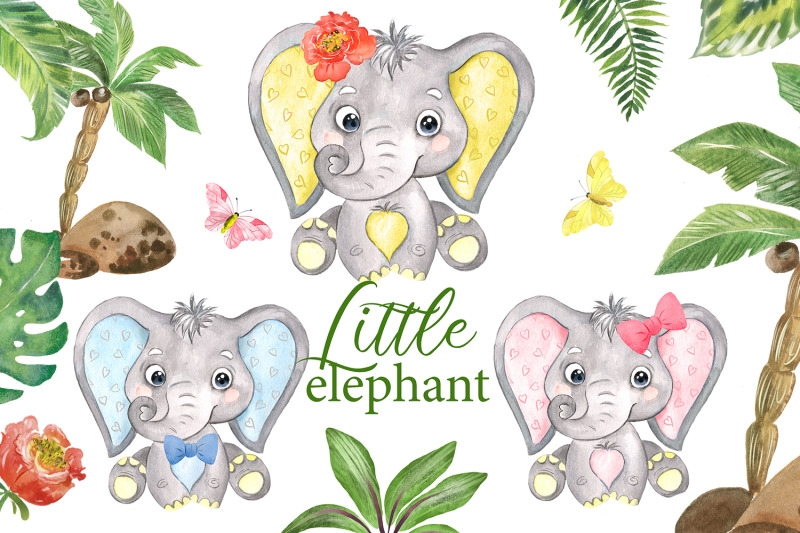 watercolor-clipart-elephant-cute-baby-elephant-with-plants-and-flower