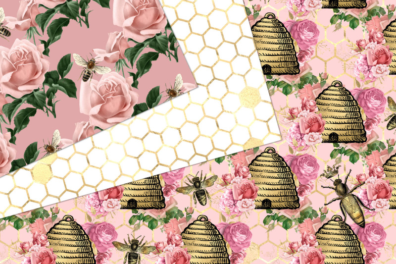 pink-and-gold-bees-digital-paper