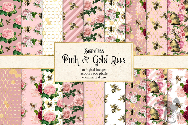 pink-and-gold-bees-digital-paper