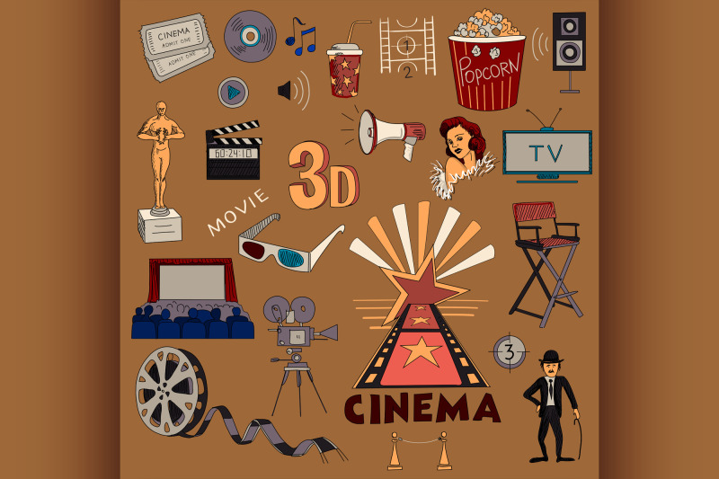 colored-hand-drawn-cinema-icon-set