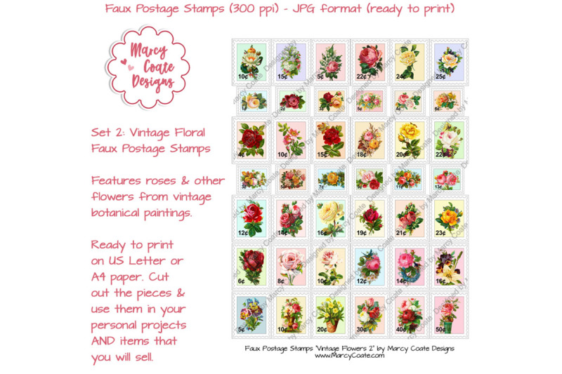 printable-faux-postage-stamps-set-2-with-vintage-flowers