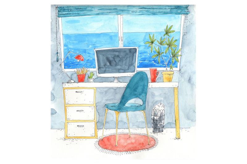 home-office-concept-watercolor-illustration-of-working-space