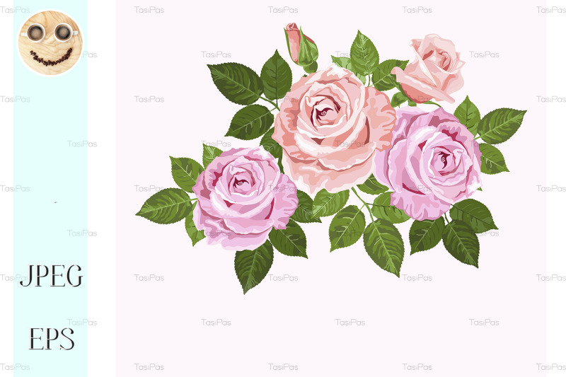 pink-and-beige-vector-roses-with-green-leaves