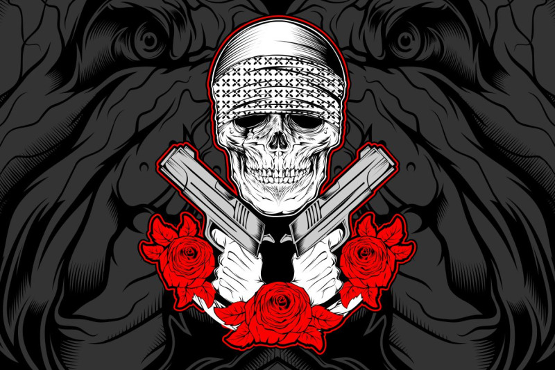 skull-mafia-gangster-wearing-bandana-with-gun-an-roses