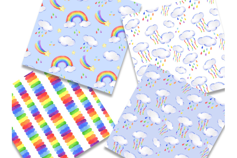 watercolor-digital-paper-rainbow-rain-cloud-seamless-pattern-patterns