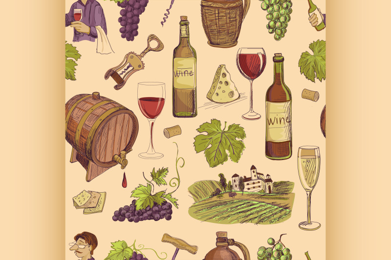 wine-vintage-hand-drawn-sketch-seamless-pattern