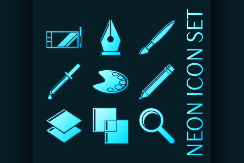 set-of-design-blue-glowing-neon-icons