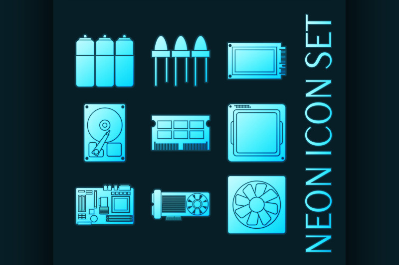 set-of-electronic-parts-blue-glowing-neon-icons