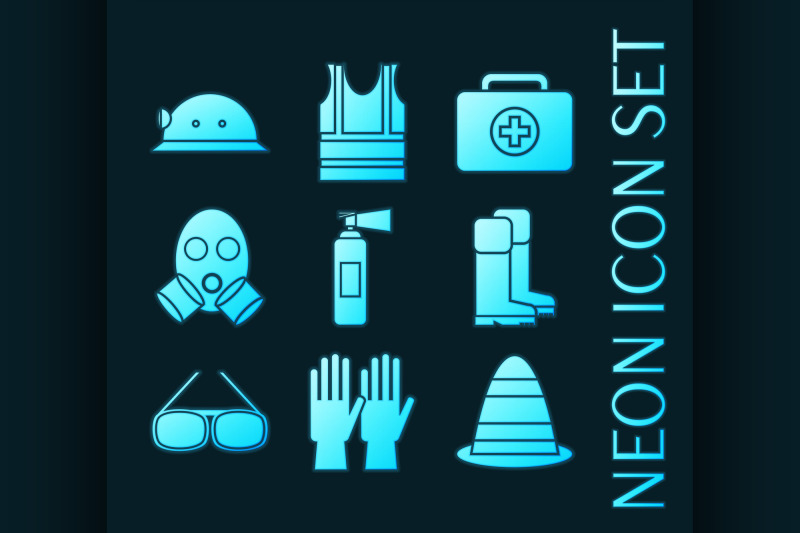 set-of-safety-equipment-glowing-neon-icons