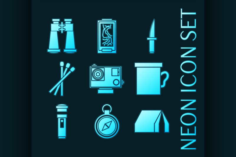 set-of-survival-kit-blue-glowing-neon-icons