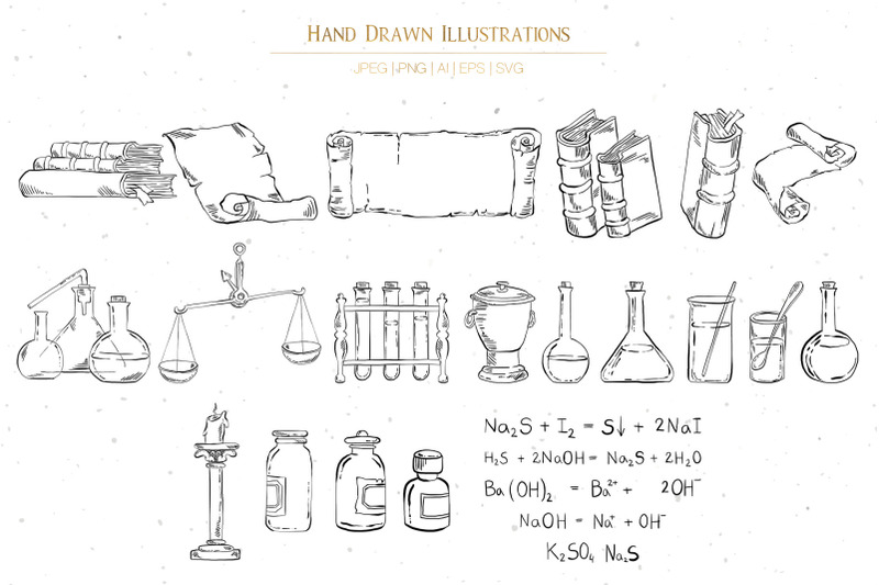 old-chemistry-tools-and-books-illustrations