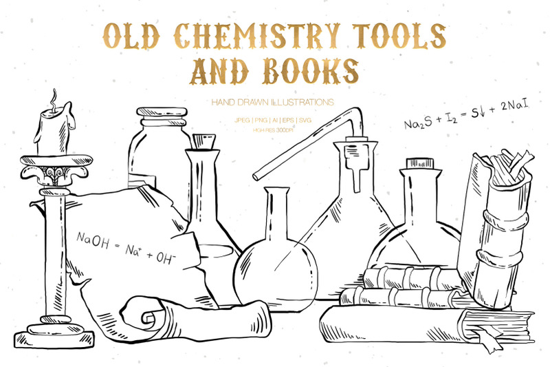 old-chemistry-tools-and-books-illustrations