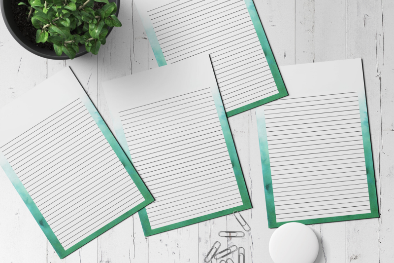 green-watercolor-stationery-lined-digital-note-paper