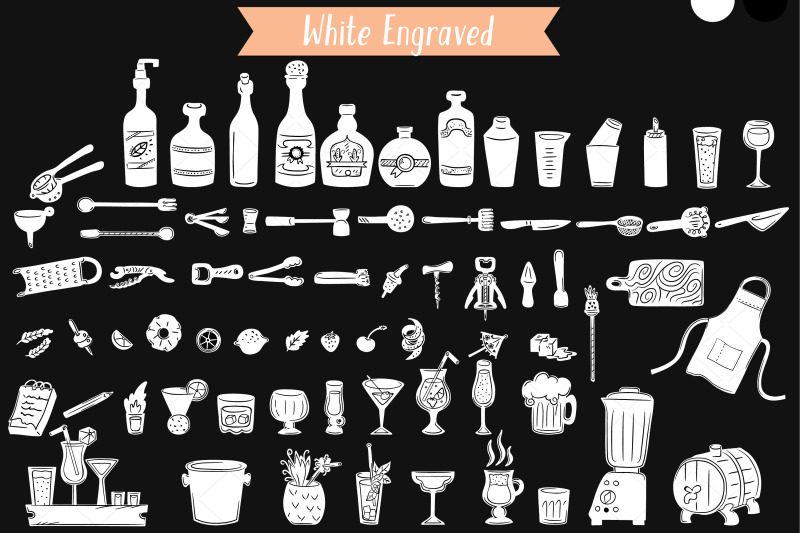 white-bartender-doodles-hand-drawn-bar-tending-tools-glass-bottle