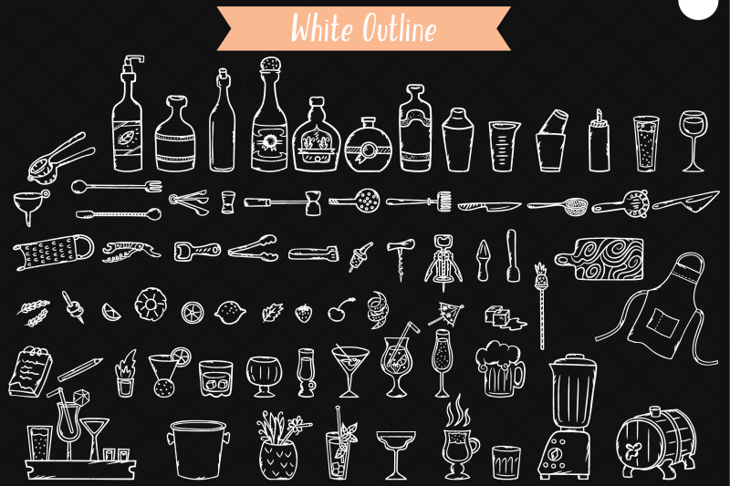 white-bartender-doodles-hand-drawn-bar-tending-tools-glass-bottle