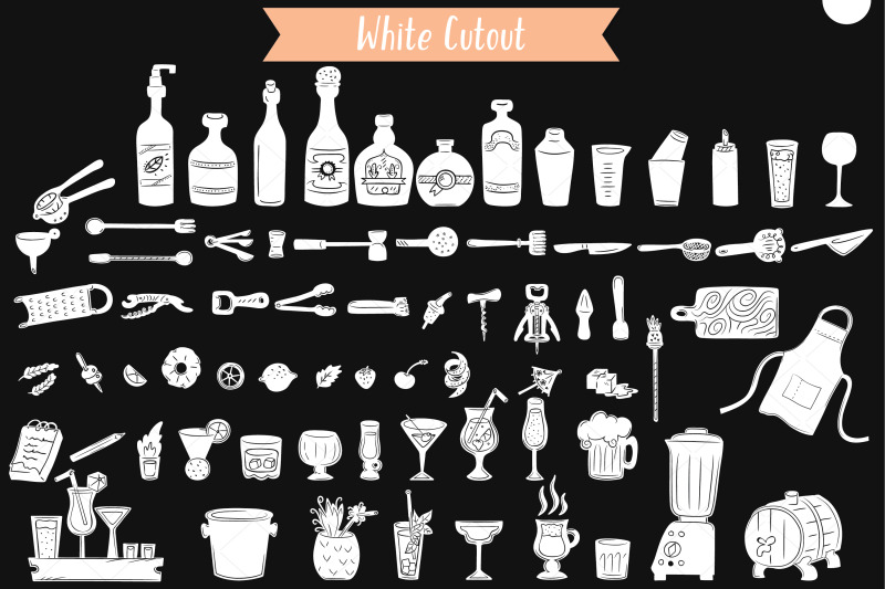 white-bartender-doodles-hand-drawn-bar-tending-tools-glass-bottle