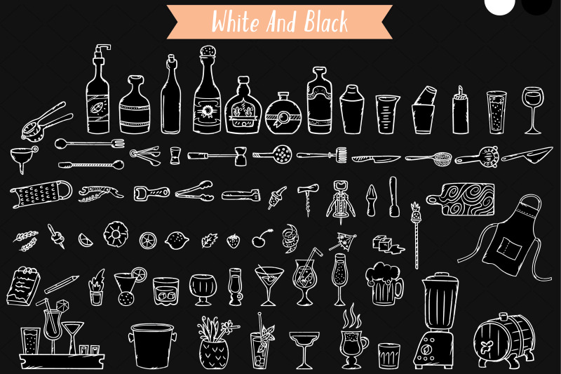 white-bartender-doodles-hand-drawn-bar-tending-tools-glass-bottle