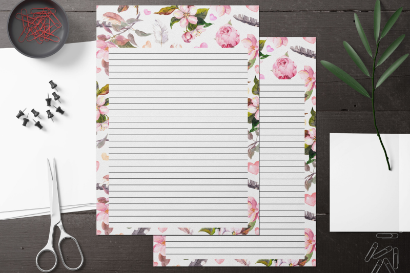 pink-watercolor-peonies-stationery-lined-digital-note-paper