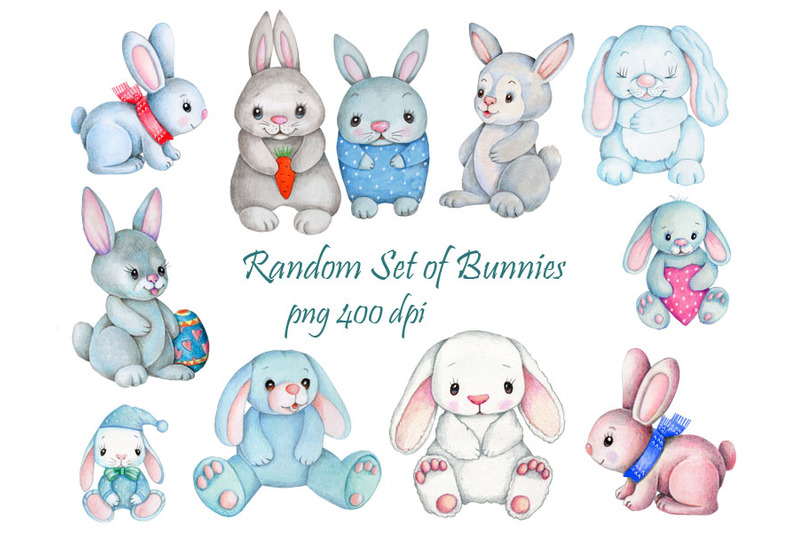 random-bunny-set-collection-watercolor-illustrations