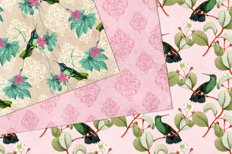 vintage-pink-hummingbirds-digital-paper