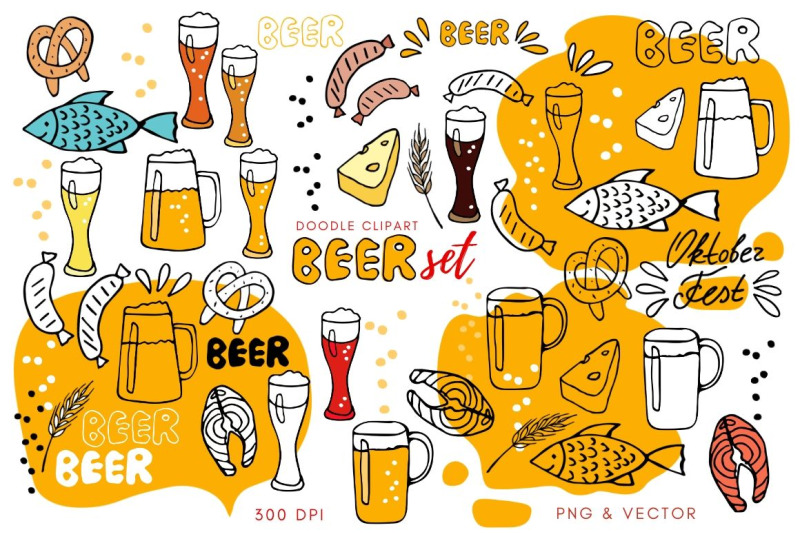 drinks-clipart-beer-set-of-glasses-mugs-snacks-lettering-eps-png